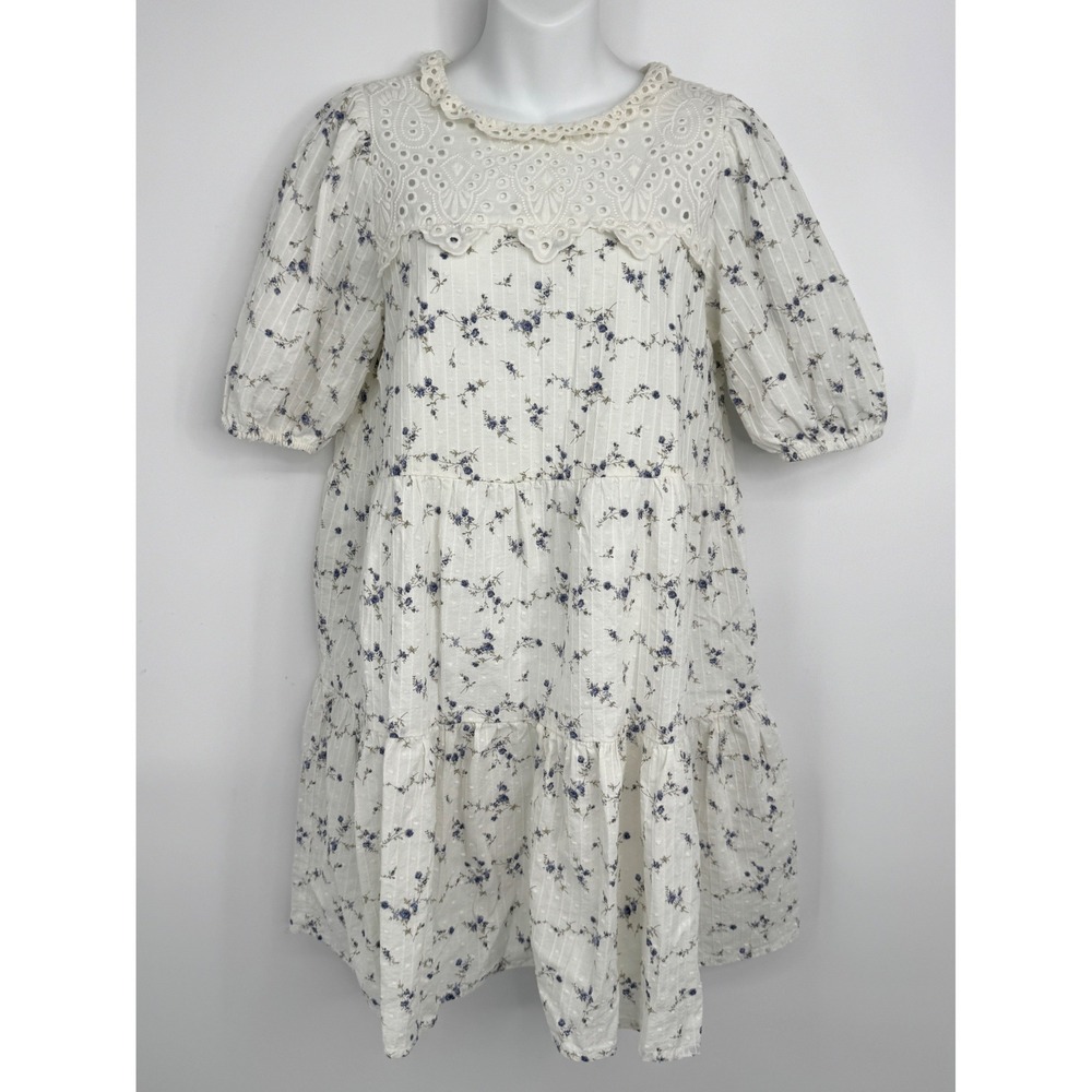 Moon River Mini Dress Small White Floral Eyelet Lace Tiered Cottagecore Boho